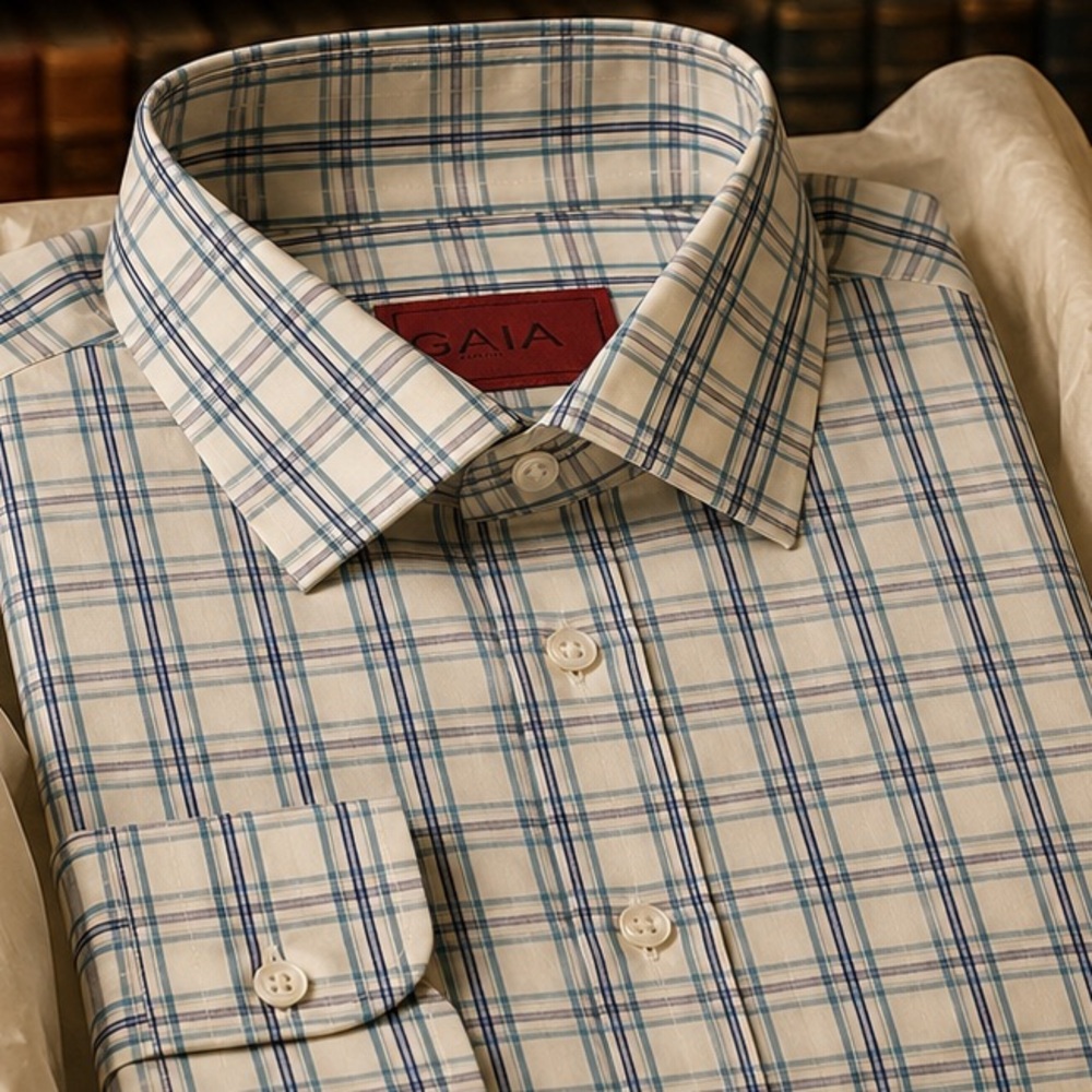 Isaia Cream and Blue Plaid Dress Shirt